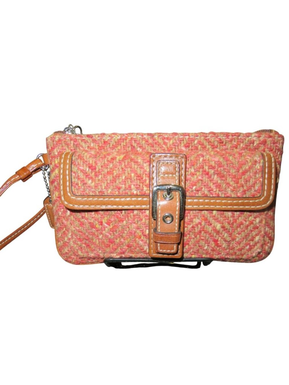 Coach Scaro Hampton Soho Herringbone Camel Leather Rose Tweed Wool Wristlet